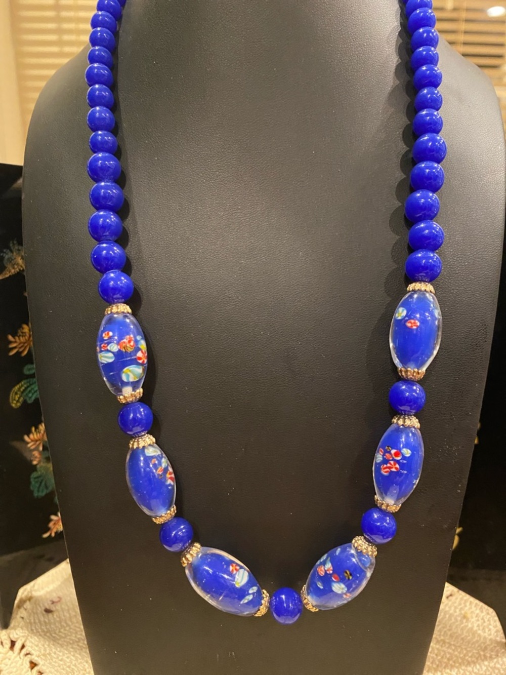 Cobalt Blue Venetian Murano Beaded Floral Glass Statement Necklace